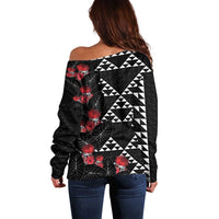 Hawaiian White Kakau Art Tattoo-Ohia Lehua and Taro Leaves Off Shoulder Sweater LT03 - Polynesian Pride