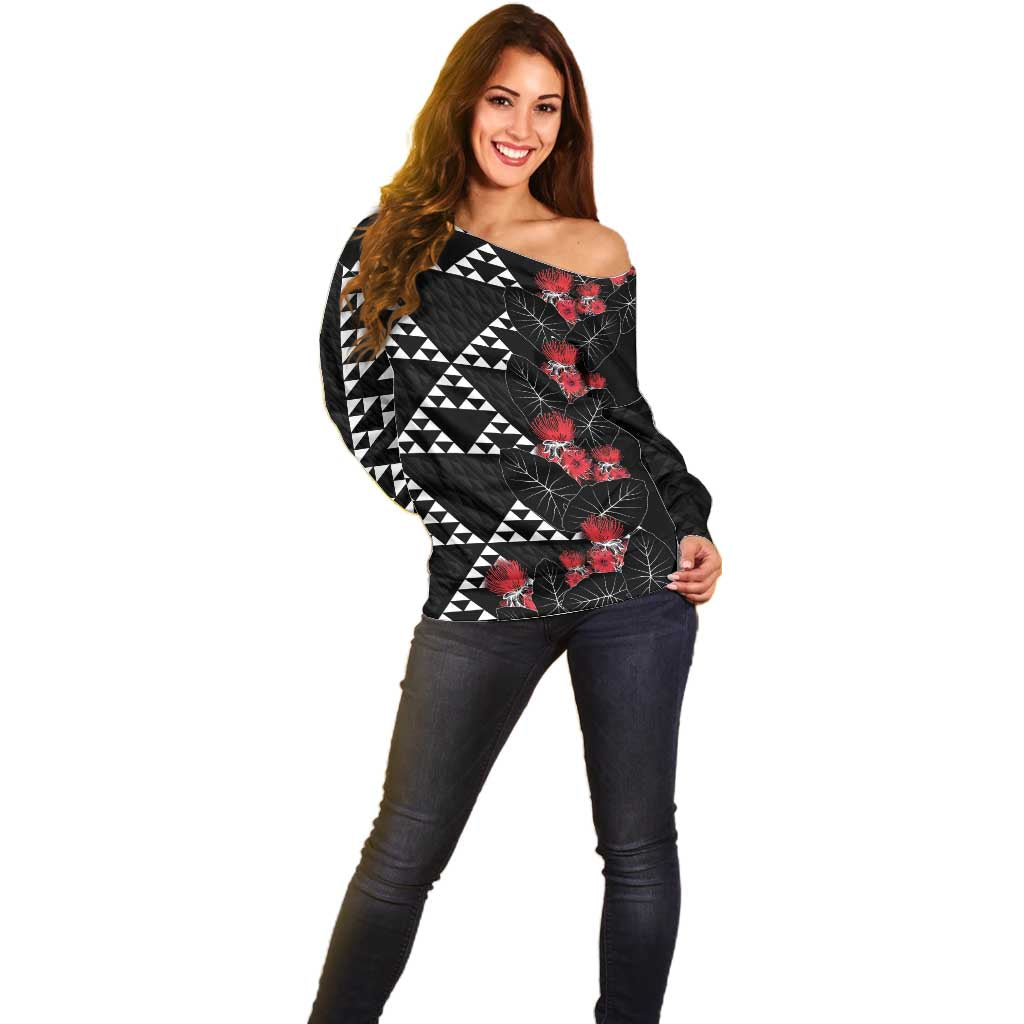 Hawaiian White Kakau Art Tattoo-Ohia Lehua and Taro Leaves Off Shoulder Sweater LT03 - Polynesian Pride
