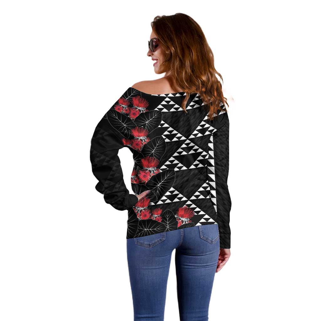 Hawaiian White Kakau Art Tattoo-Ohia Lehua and Taro Leaves Off Shoulder Sweater LT03 - Polynesian Pride
