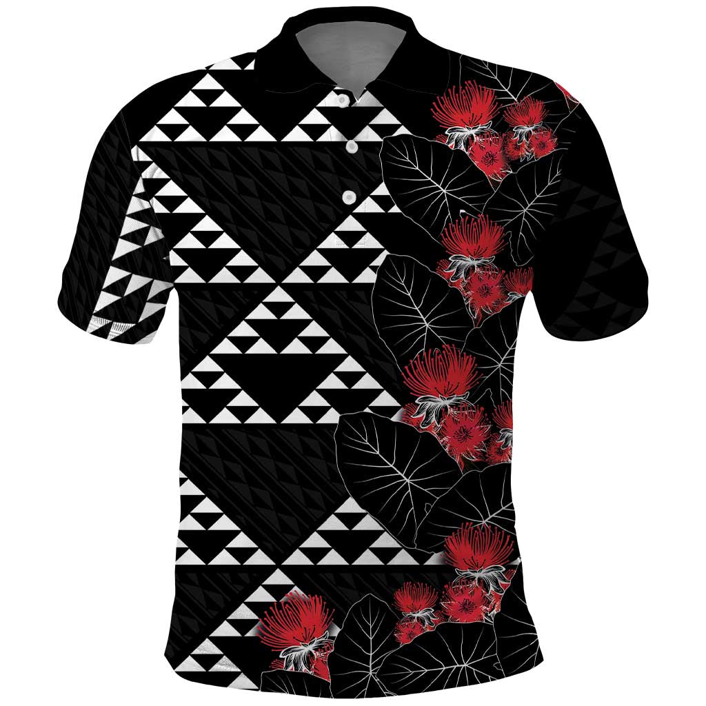 Hawaiian White Kakau Art Tattoo-Ohia Lehua and Taro Leaves Polo Shirt LT03 Black-White - Polynesian Pride