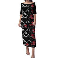 Hawaiian White Kakau Art Tattoo-Ohia Lehua and Taro Leaves Puletasi LT03 Long Dress Black-White - Polynesian Pride