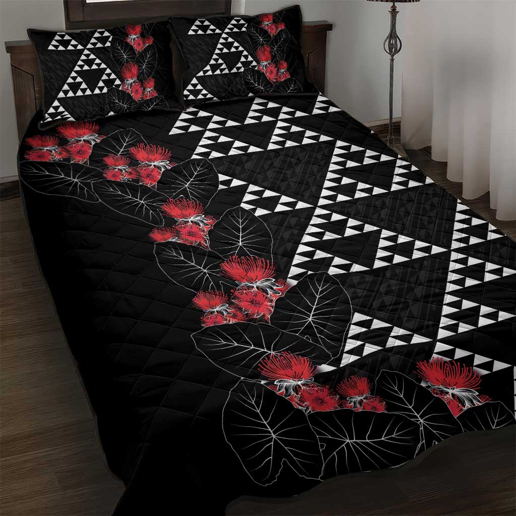 Hawaiian White Kakau Art Tattoo-Ohia Lehua and Taro Leaves Quilt Bed Set LT03 Black-White - Polynesian Pride