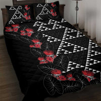Hawaiian White Kakau Art Tattoo-Ohia Lehua and Taro Leaves Quilt Bed Set LT03 Black-White - Polynesian Pride