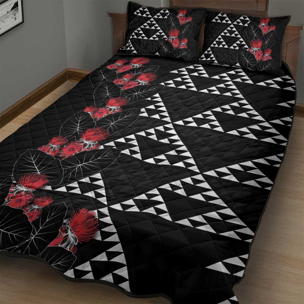 Hawaiian White Kakau Art Tattoo-Ohia Lehua and Taro Leaves Quilt Bed Set LT03 - Polynesian Pride