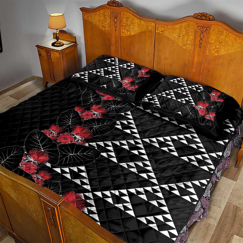Hawaiian White Kakau Art Tattoo-Ohia Lehua and Taro Leaves Quilt Bed Set LT03 - Polynesian Pride