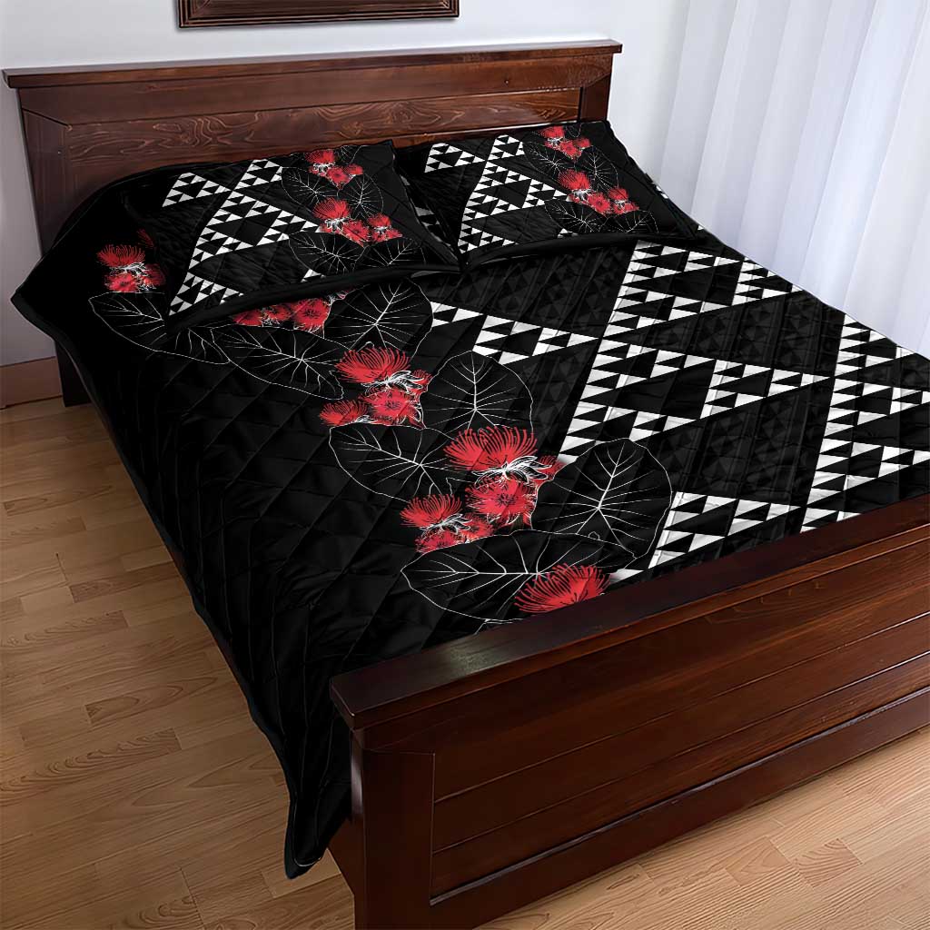 Hawaiian White Kakau Art Tattoo-Ohia Lehua and Taro Leaves Quilt Bed Set LT03 - Polynesian Pride