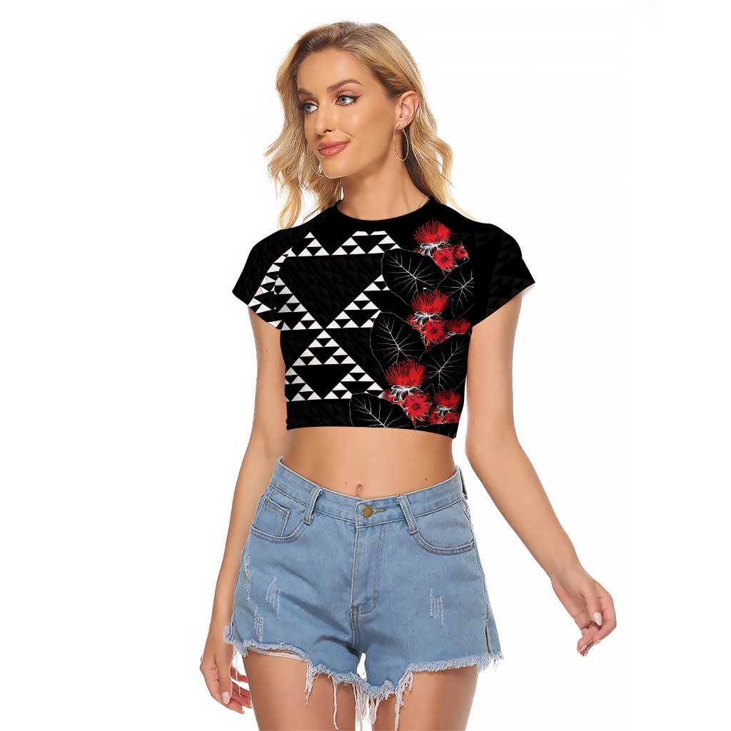 Hawaiian White Kakau Art Tattoo-Ohia Lehua and Taro Leaves Raglan Cropped T Shirt LT03 Female Black-White - Polynesian Pride