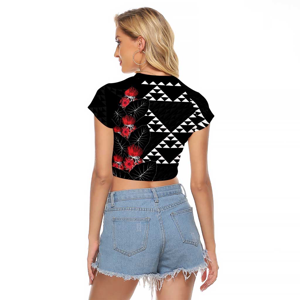 Hawaiian White Kakau Art Tattoo-Ohia Lehua and Taro Leaves Raglan Cropped T Shirt LT03 - Polynesian Pride