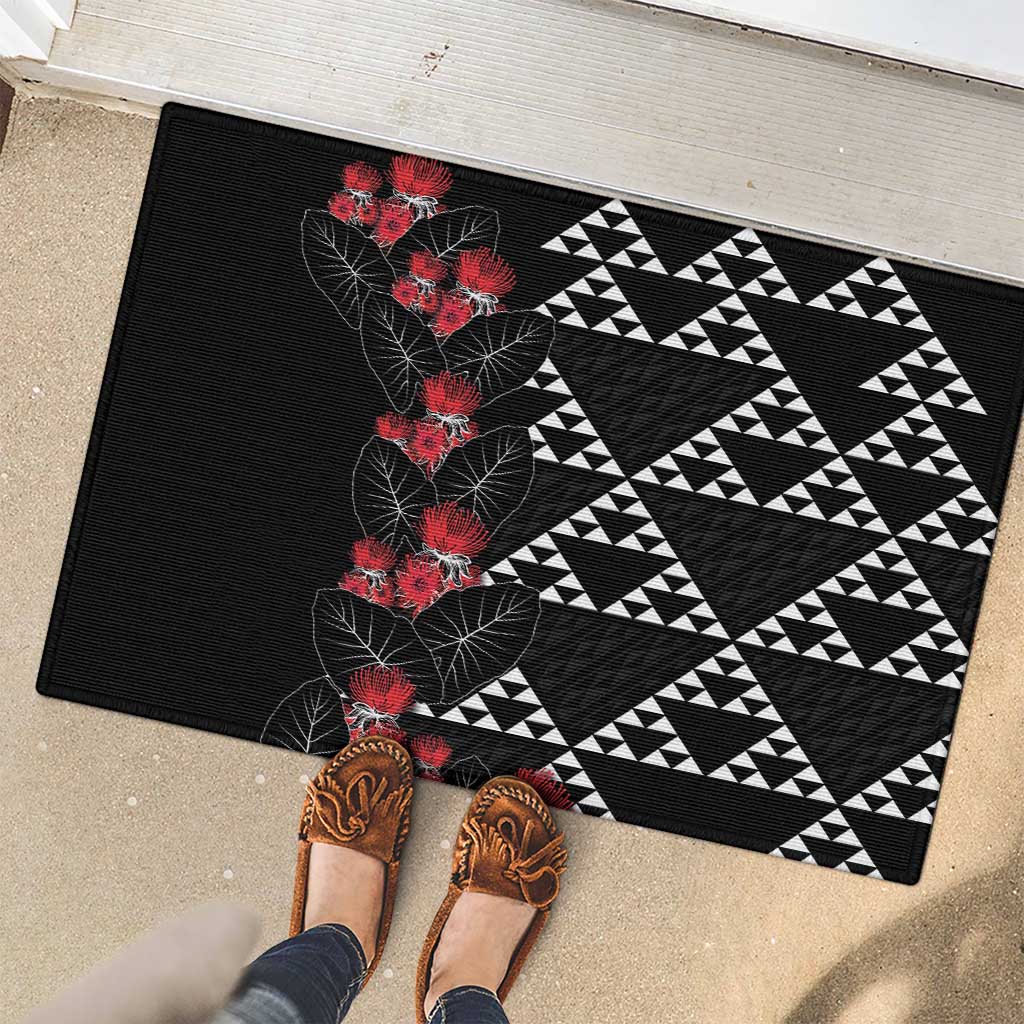 Hawaiian White Kakau Art Tattoo-Ohia Lehua and Taro Leaves Rubber Doormat LT03 - Polynesian Pride