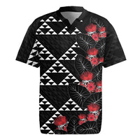 Hawaiian White Kakau Art Tattoo-Ohia Lehua and Taro Leaves Rugby Jersey LT03 Black-White - Polynesian Pride