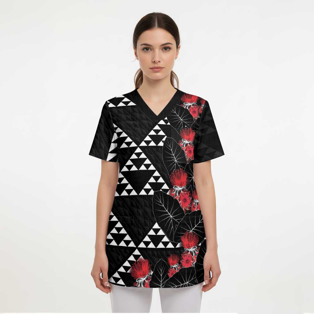 Hawaiian White Kakau Art Tattoo-Ohia Lehua and Taro Leaves Scrub Top - Polynesian Pride