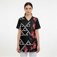 Hawaiian White Kakau Art Tattoo-Ohia Lehua and Taro Leaves Scrub Top - Polynesian Pride