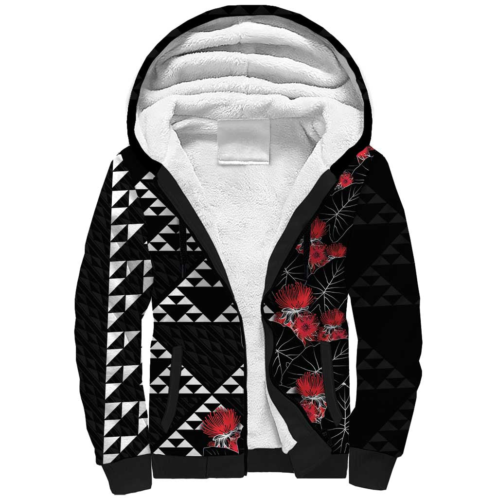 Hawaiian White Kakau Art Tattoo-Ohia Lehua and Taro Leaves Sherpa Hoodie LT03 Unisex Black-White - Polynesian Pride