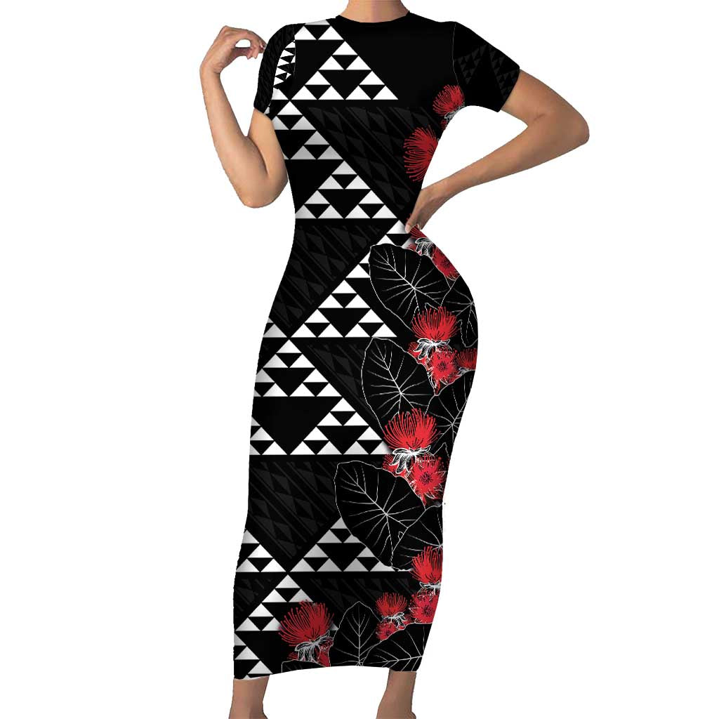 Hawaiian White Kakau Art Tattoo-Ohia Lehua and Taro Leaves Short Sleeve Bodycon Dress LT03 Long Dress Black-White - Polynesian Pride