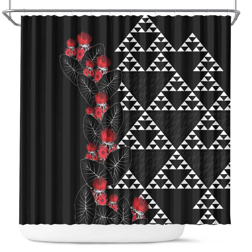 Hawaiian White Kakau Art Tattoo-Ohia Lehua and Taro Leaves Shower Curtain LT03 Black-White - Polynesian Pride