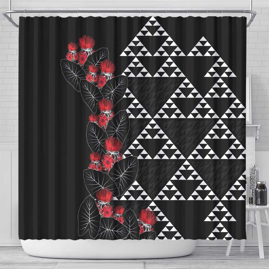 Hawaiian White Kakau Art Tattoo-Ohia Lehua and Taro Leaves Shower Curtain LT03 - Polynesian Pride