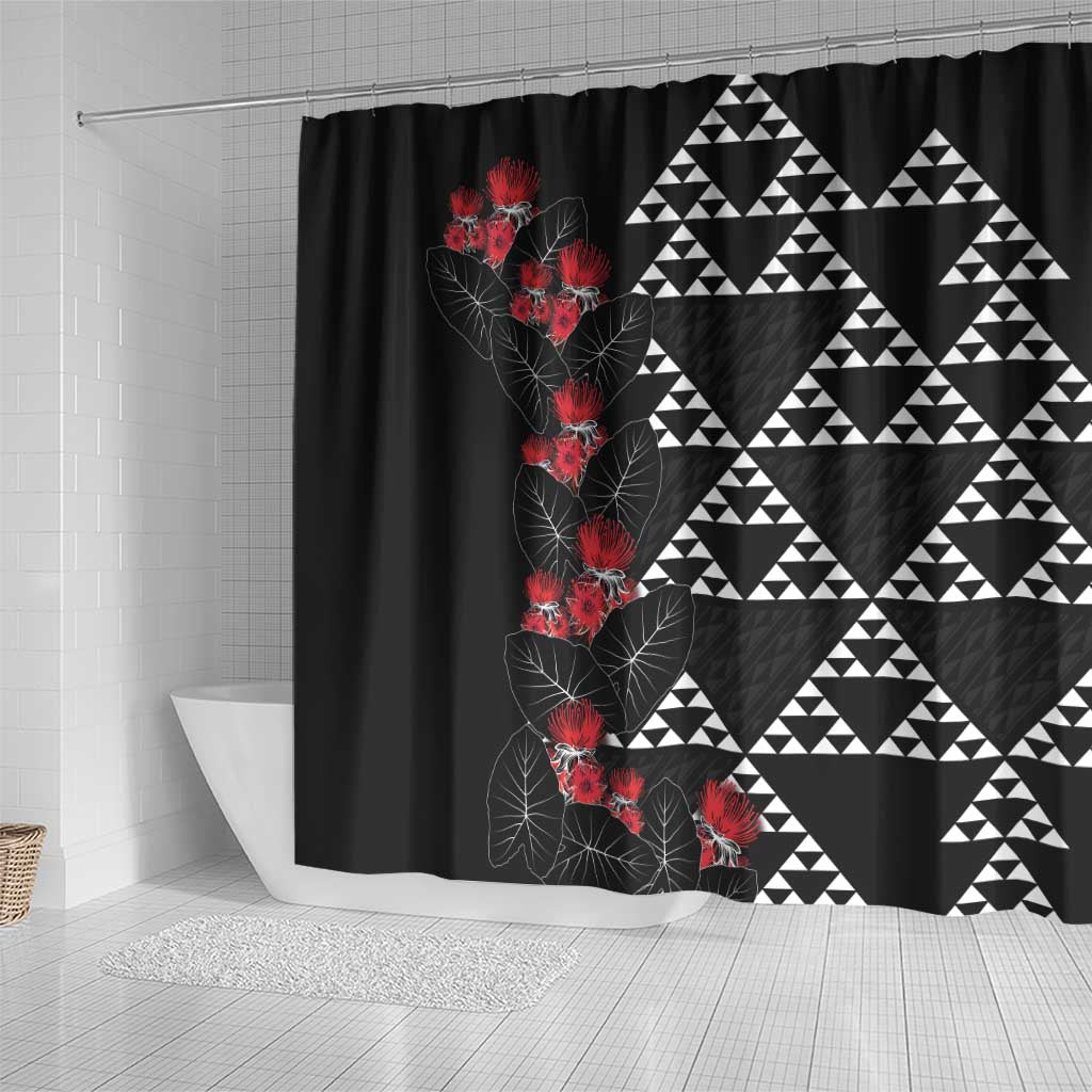 Hawaiian White Kakau Art Tattoo-Ohia Lehua and Taro Leaves Shower Curtain LT03 - Polynesian Pride
