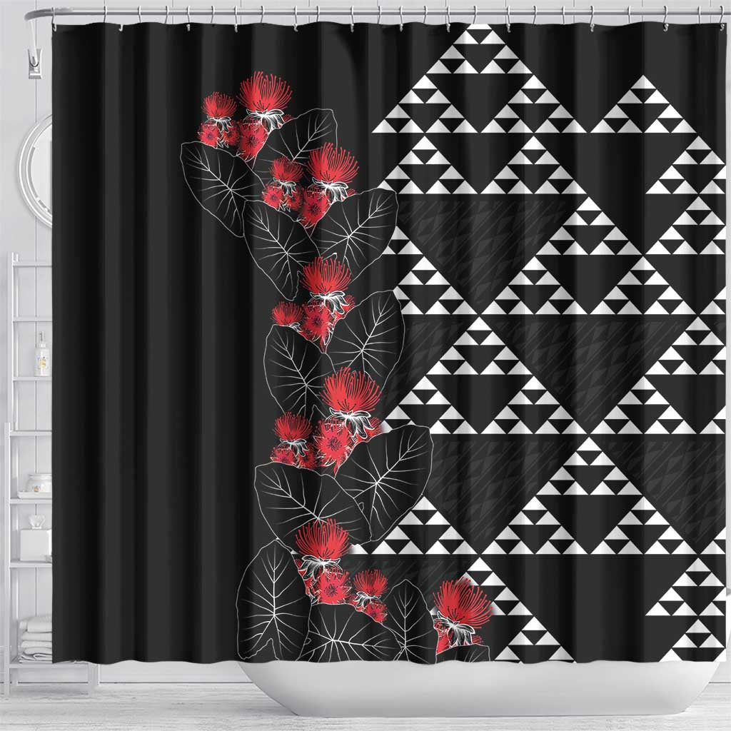 Hawaiian White Kakau Art Tattoo-Ohia Lehua and Taro Leaves Shower Curtain LT03 - Polynesian Pride