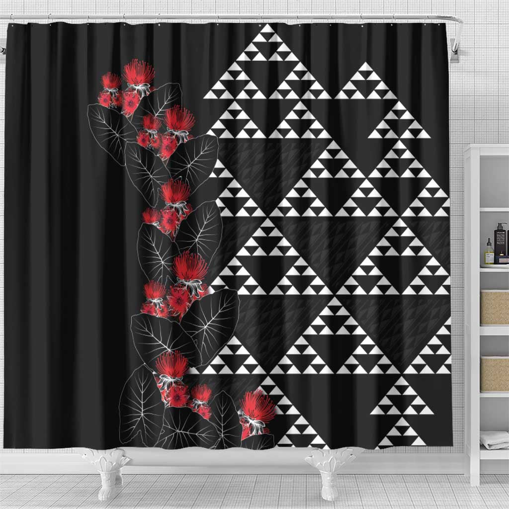 Hawaiian White Kakau Art Tattoo-Ohia Lehua and Taro Leaves Shower Curtain LT03 - Polynesian Pride