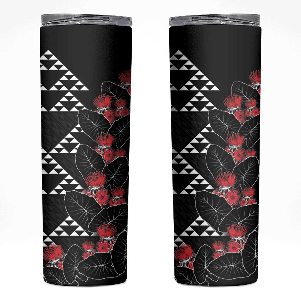 Hawaiian White Kakau Art Tattoo-Ohia Lehua and Taro Leaves Skinny Tumbler LT03 Black-White - Polynesian Pride