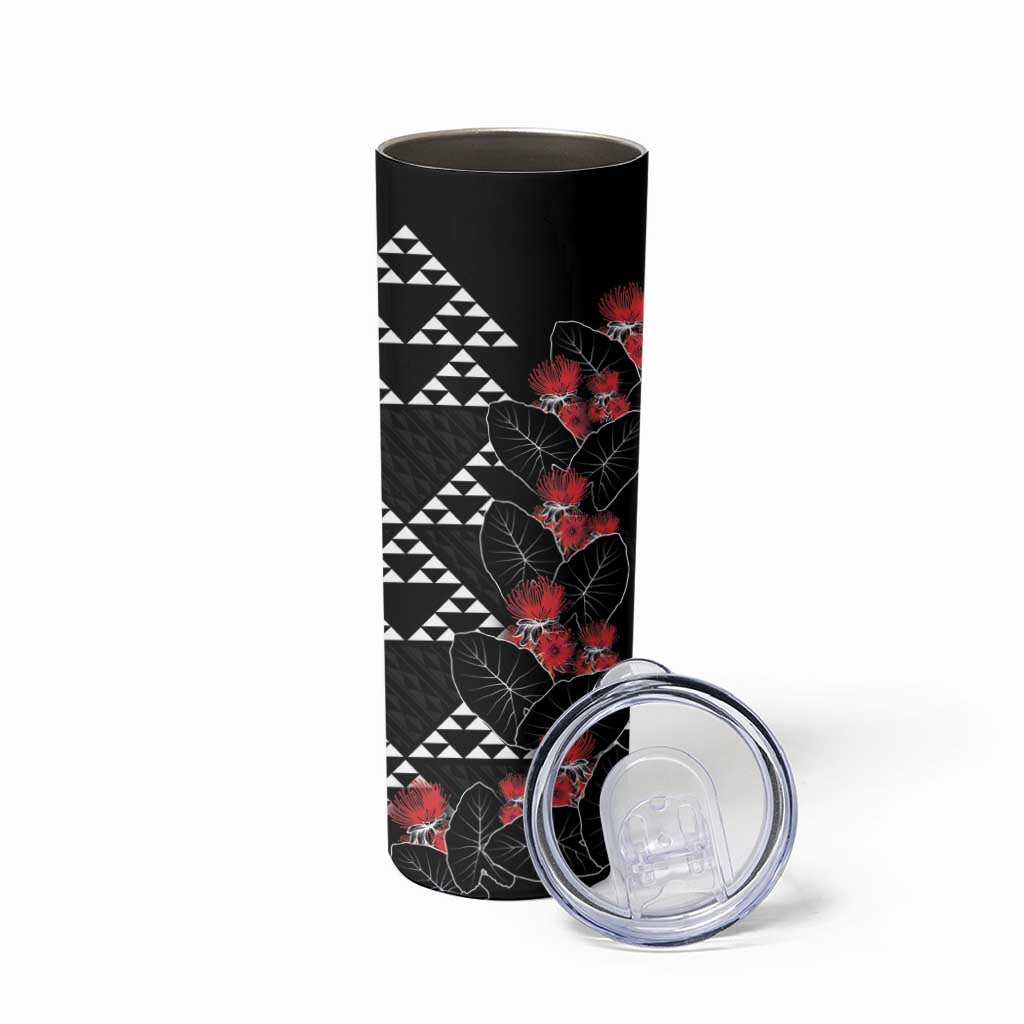 Hawaiian White Kakau Art Tattoo-Ohia Lehua and Taro Leaves Skinny Tumbler LT03 - Polynesian Pride