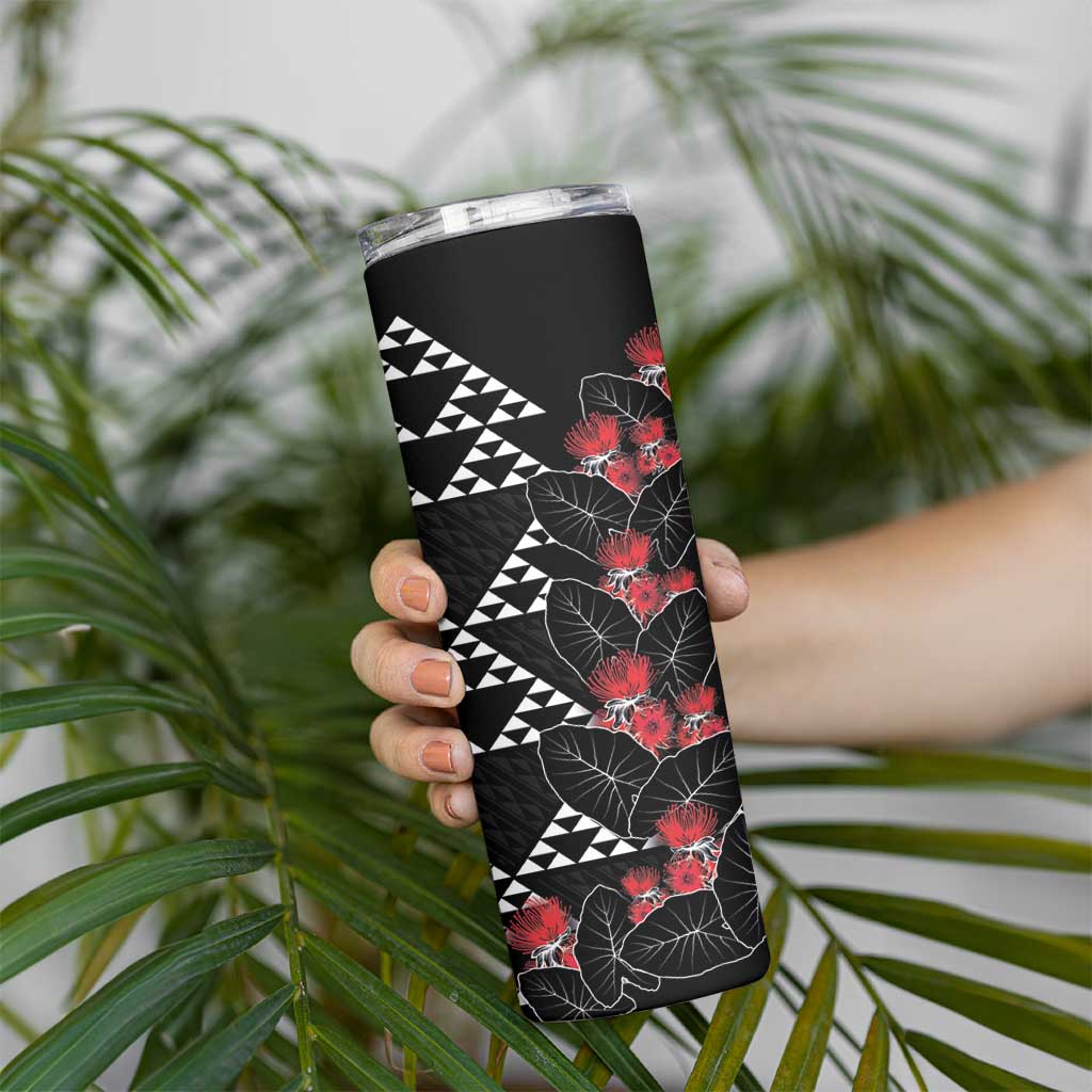 Hawaiian White Kakau Art Tattoo-Ohia Lehua and Taro Leaves Skinny Tumbler LT03 - Polynesian Pride
