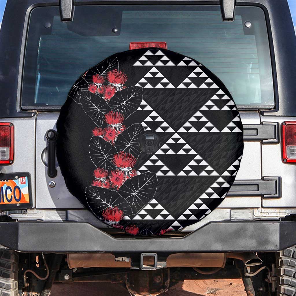 Hawaiian White Kakau Art Tattoo-Ohia Lehua and Taro Leaves Spare Tire Cover LT03 Black-White - Polynesian Pride