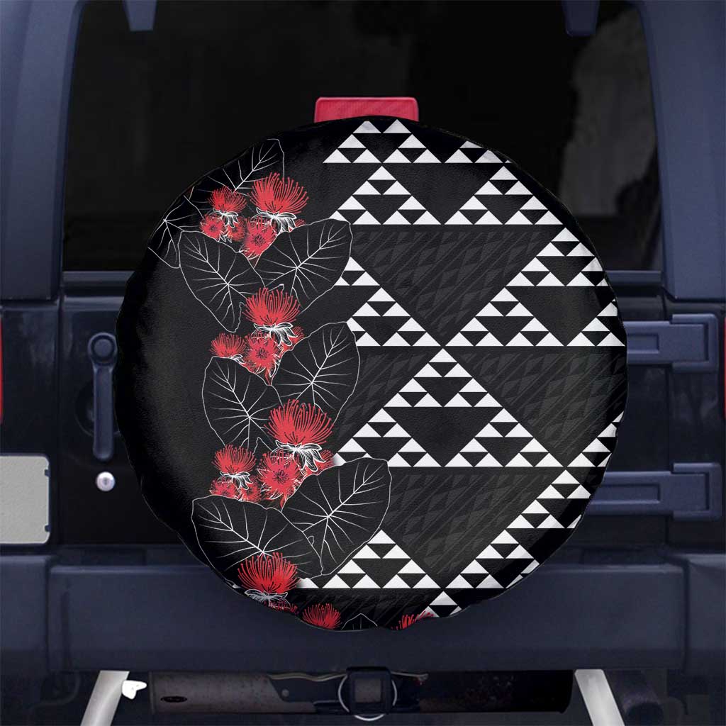 Hawaiian White Kakau Art Tattoo-Ohia Lehua and Taro Leaves Spare Tire Cover LT03 No hole Black-White - Polynesian Pride