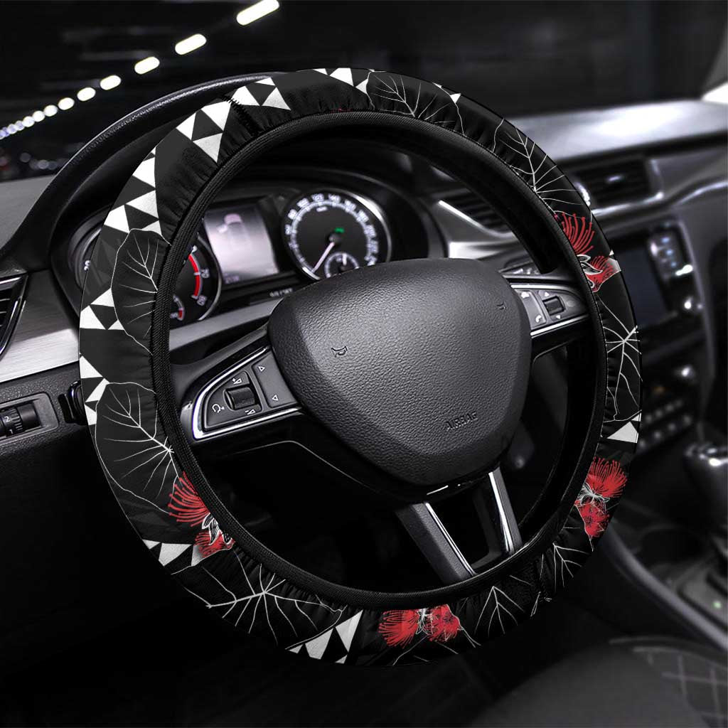 Hawaiian White Kakau Art Tattoo-Ohia Lehua and Taro Leaves Steering Wheel Cover LT03 Universal Fit Black-White - Polynesian Pride