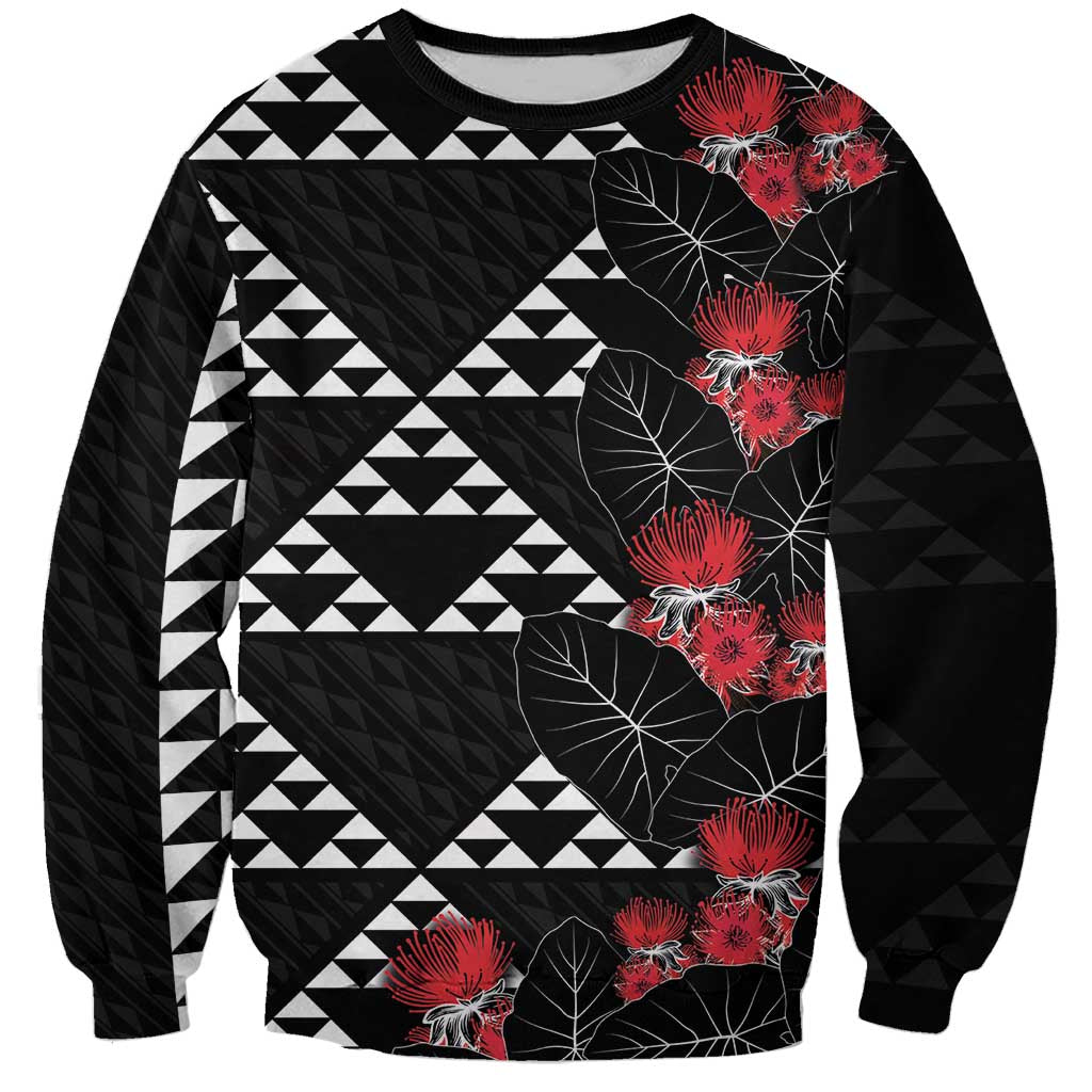 Hawaiian White Kakau Art Tattoo-Ohia Lehua and Taro Leaves Sweatshirt LT03 Unisex Black-White - Polynesian Pride