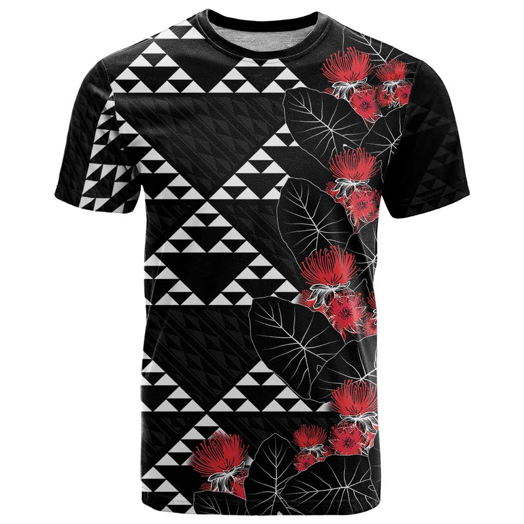 Hawaiian White Kakau Art Tattoo-Ohia Lehua and Taro Leaves T Shirt LT03 Black-White - Polynesian Pride