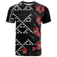 Hawaiian White Kakau Art Tattoo-Ohia Lehua and Taro Leaves T Shirt LT03 Black-White - Polynesian Pride