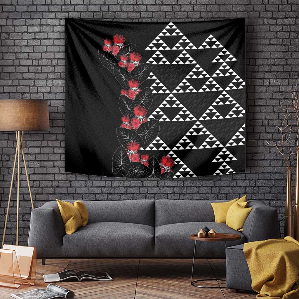 Hawaiian White Kakau Art Tattoo-Ohia Lehua and Taro Leaves Tapestry LT03 Black-White - Polynesian Pride