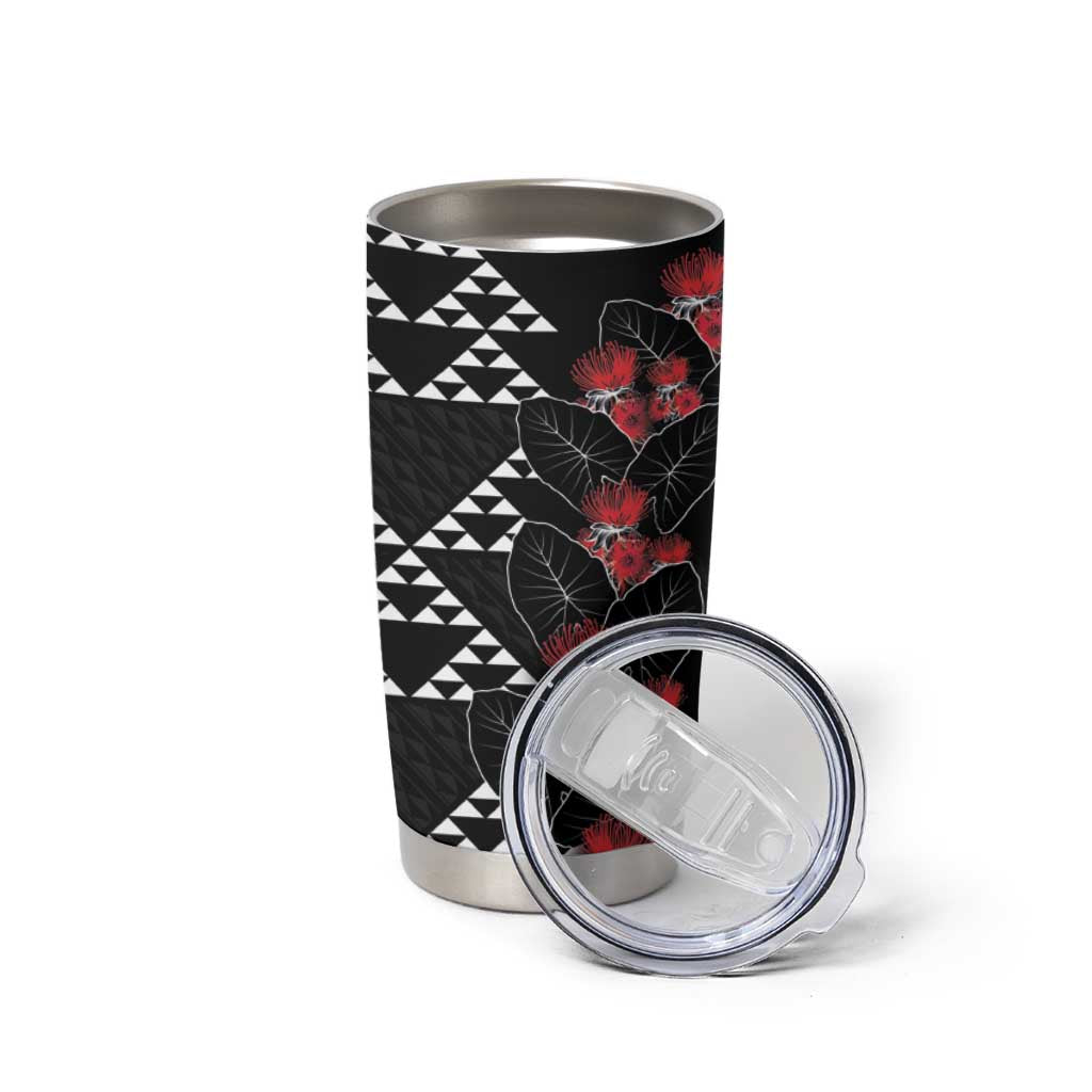 Hawaiian White Kakau Art Tattoo-Ohia Lehua and Taro Leaves Tumbler Cup LT03 - Polynesian Pride