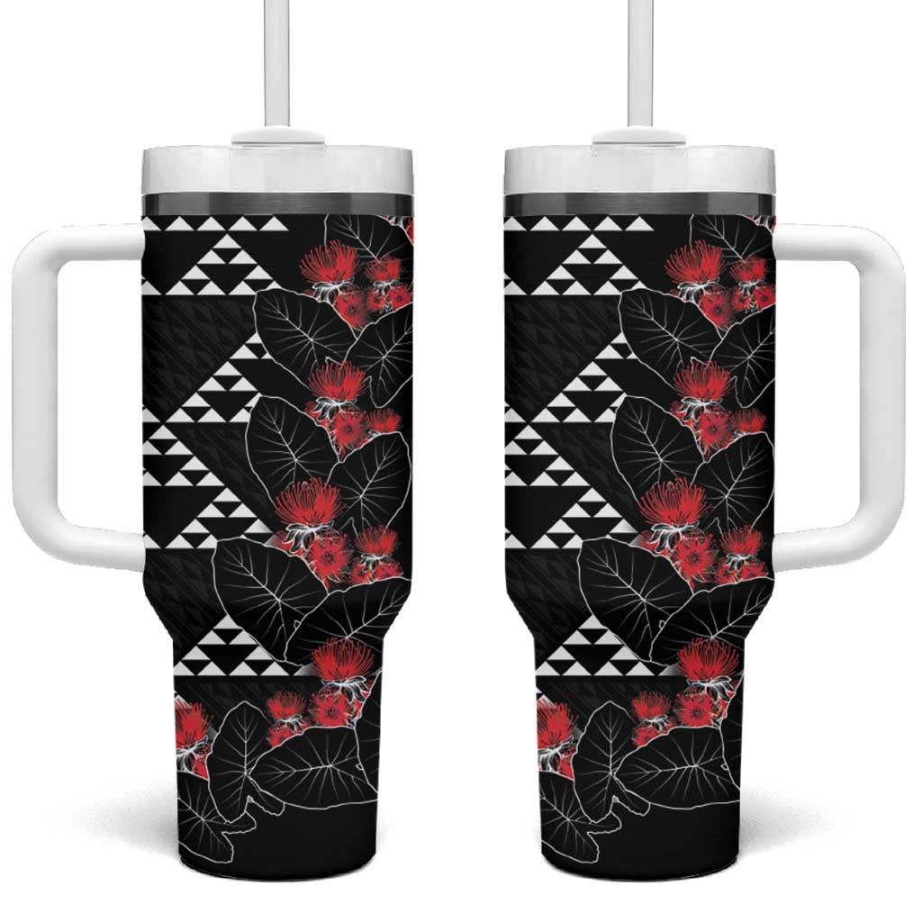 Hawaiian White Kakau Art Tattoo-Ohia Lehua and Taro Leaves Tumbler With Handle LT03 One Size: 40 oz Black-White - Polynesian Pride