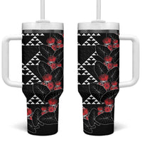 Hawaiian White Kakau Art Tattoo-Ohia Lehua and Taro Leaves Tumbler With Handle LT03 One Size: 40 oz Black-White - Polynesian Pride