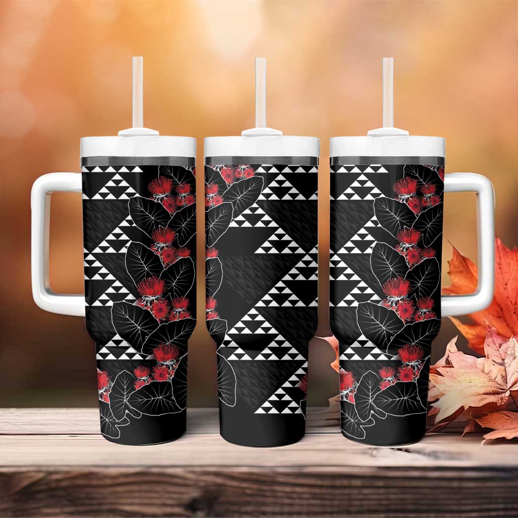 Hawaiian White Kakau Art Tattoo-Ohia Lehua and Taro Leaves Tumbler With Handle LT03 - Polynesian Pride