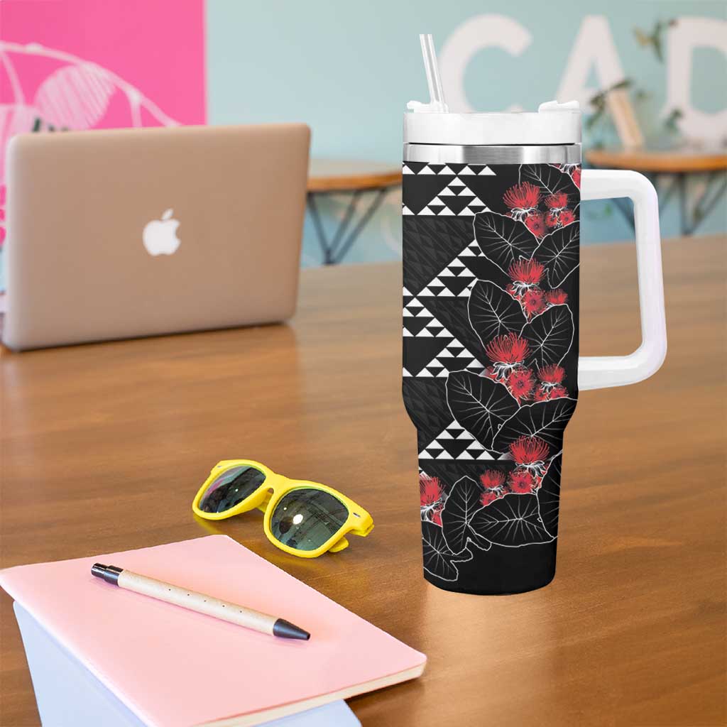 Hawaiian White Kakau Art Tattoo-Ohia Lehua and Taro Leaves Tumbler With Handle LT03 - Polynesian Pride