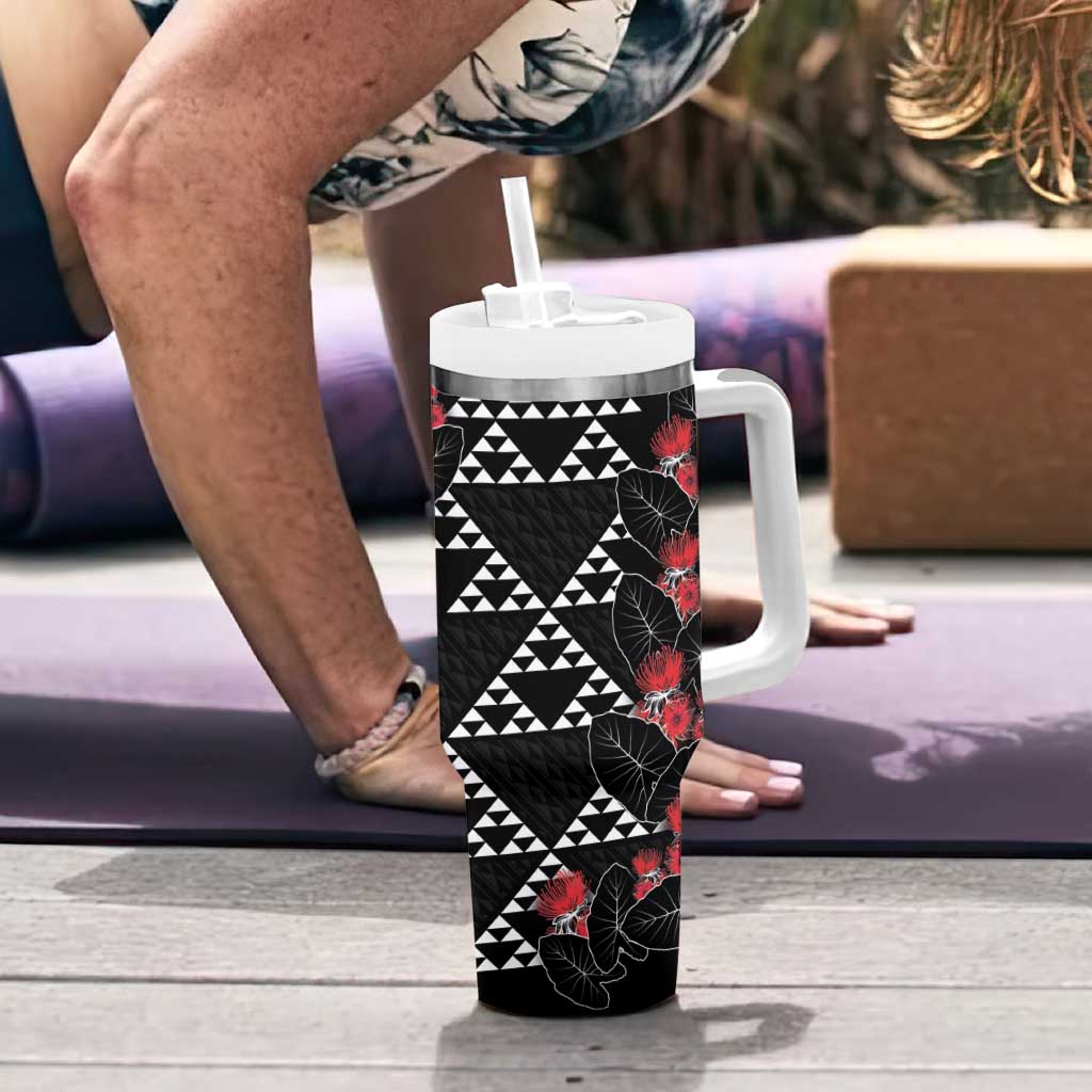 Hawaiian White Kakau Art Tattoo-Ohia Lehua and Taro Leaves Tumbler With Handle LT03 - Polynesian Pride