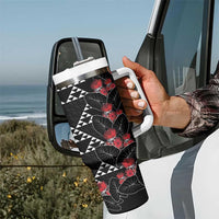 Hawaiian White Kakau Art Tattoo-Ohia Lehua and Taro Leaves Tumbler With Handle LT03 - Polynesian Pride