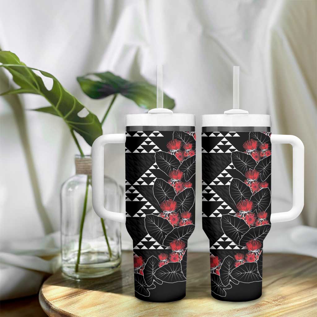 Hawaiian White Kakau Art Tattoo-Ohia Lehua and Taro Leaves Tumbler With Handle LT03 - Polynesian Pride