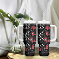 Hawaiian White Kakau Art Tattoo-Ohia Lehua and Taro Leaves Tumbler With Handle LT03 - Polynesian Pride
