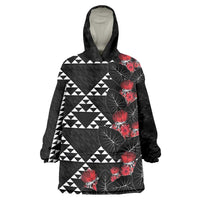 Hawaiian White Kakau Art Tattoo-Ohia Lehua and Taro Leaves Wearable Blanket Hoodie LT03 One Size Black-White - Polynesian Pride