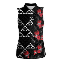 Hawaiian White Kakau Art Tattoo-Ohia Lehua and Taro Leaves Women Sleeveless Polo Shirt LT03 Female Black-White - Polynesian Pride