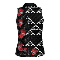 Hawaiian White Kakau Art Tattoo-Ohia Lehua and Taro Leaves Women Sleeveless Polo Shirt LT03 - Polynesian Pride