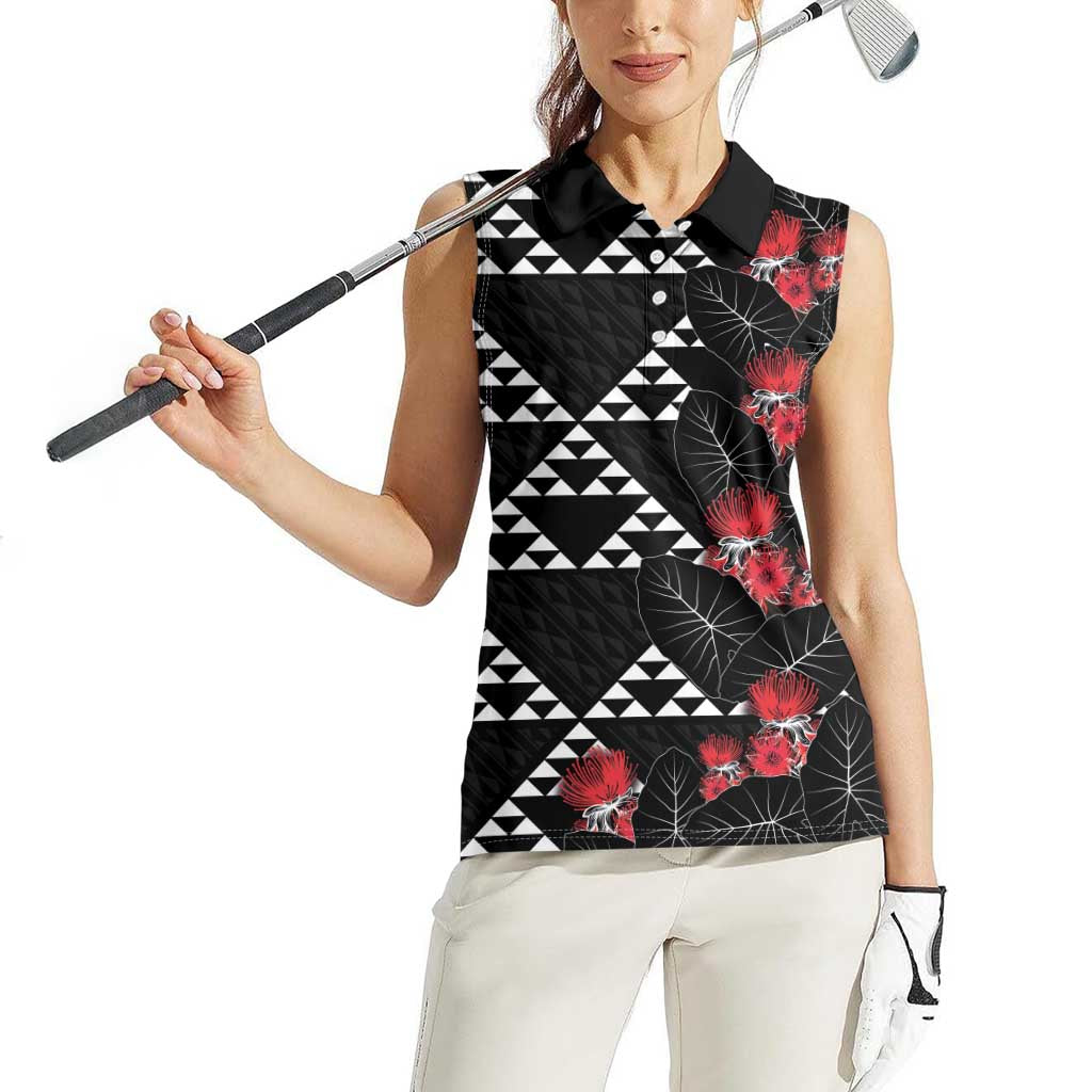 Hawaiian White Kakau Art Tattoo-Ohia Lehua and Taro Leaves Women Sleeveless Polo Shirt LT03 - Polynesian Pride