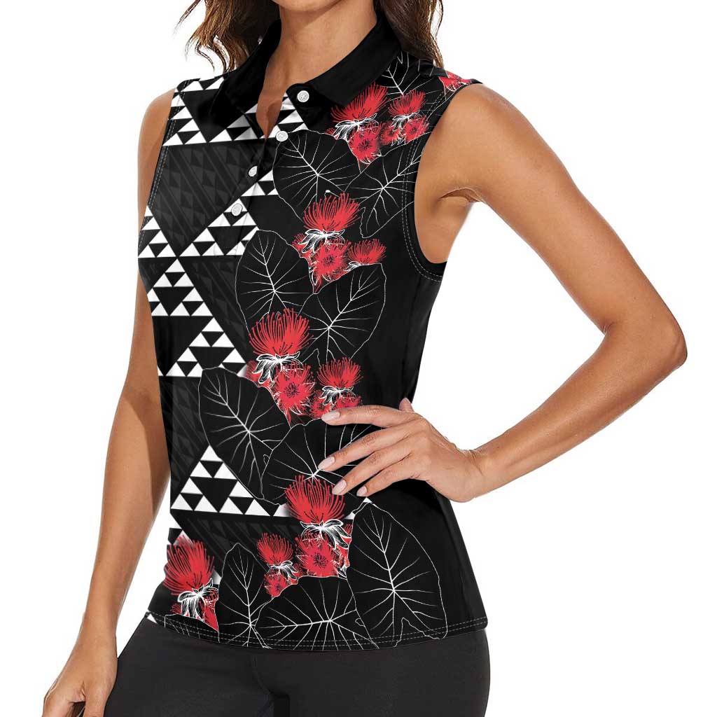 Hawaiian White Kakau Art Tattoo-Ohia Lehua and Taro Leaves Women Sleeveless Polo Shirt LT03 - Polynesian Pride