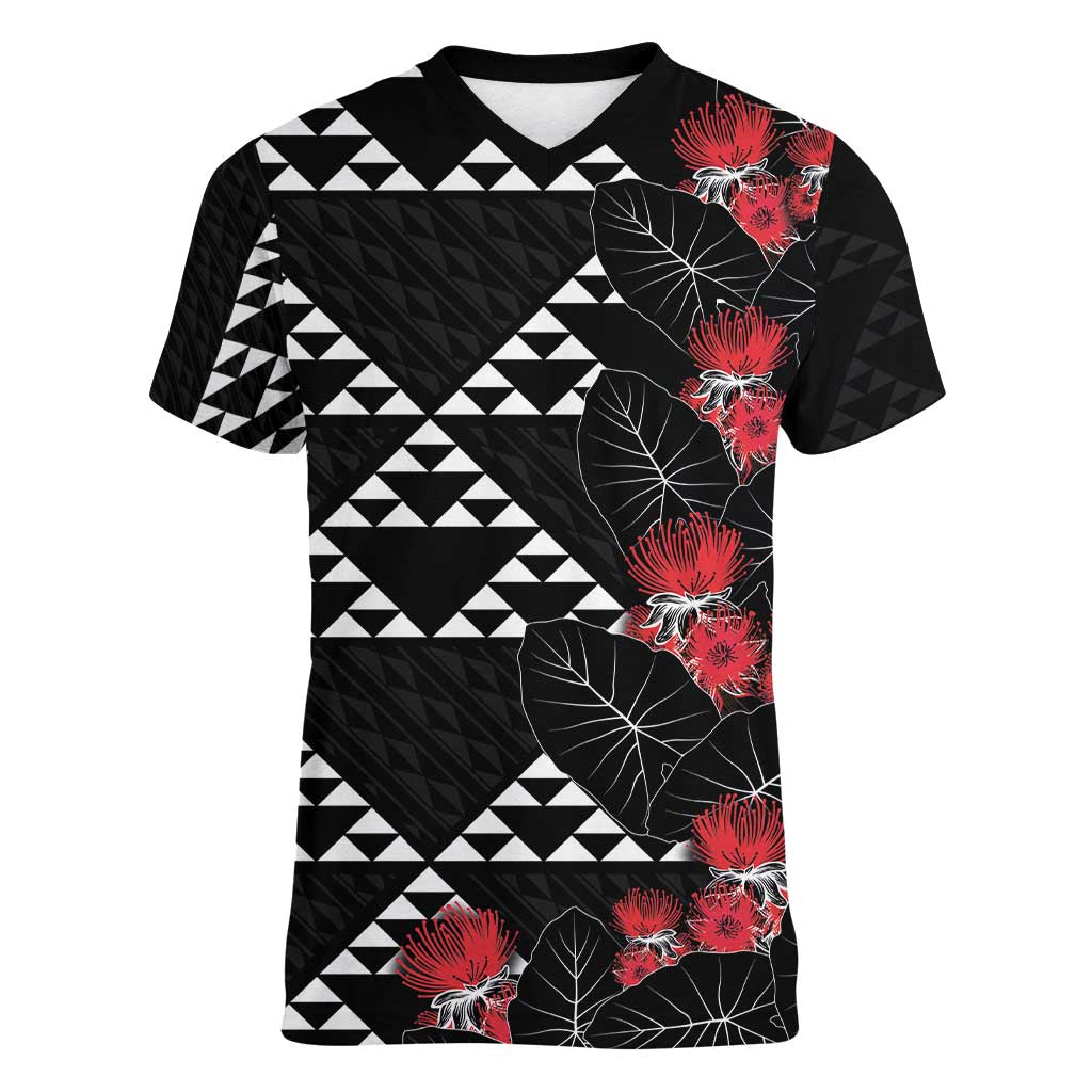 Hawaiian White Kakau Art Tattoo-Ohia Lehua and Taro Leaves Women V-Neck T-Shirt LT03 Female Black-White - Polynesian Pride