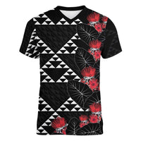 Hawaiian White Kakau Art Tattoo-Ohia Lehua and Taro Leaves Women V-Neck T-Shirt LT03 Female Black-White - Polynesian Pride