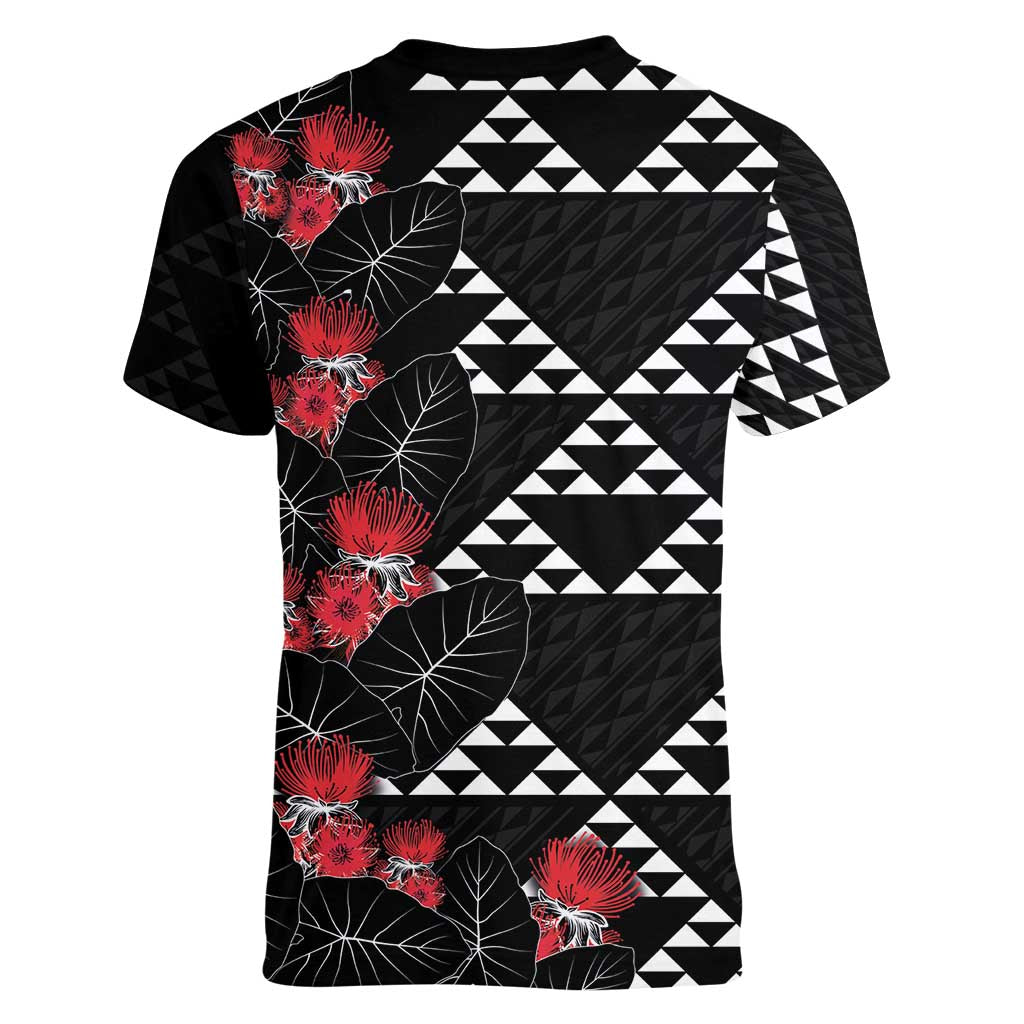 Hawaiian White Kakau Art Tattoo-Ohia Lehua and Taro Leaves Women V-Neck T-Shirt LT03 - Polynesian Pride